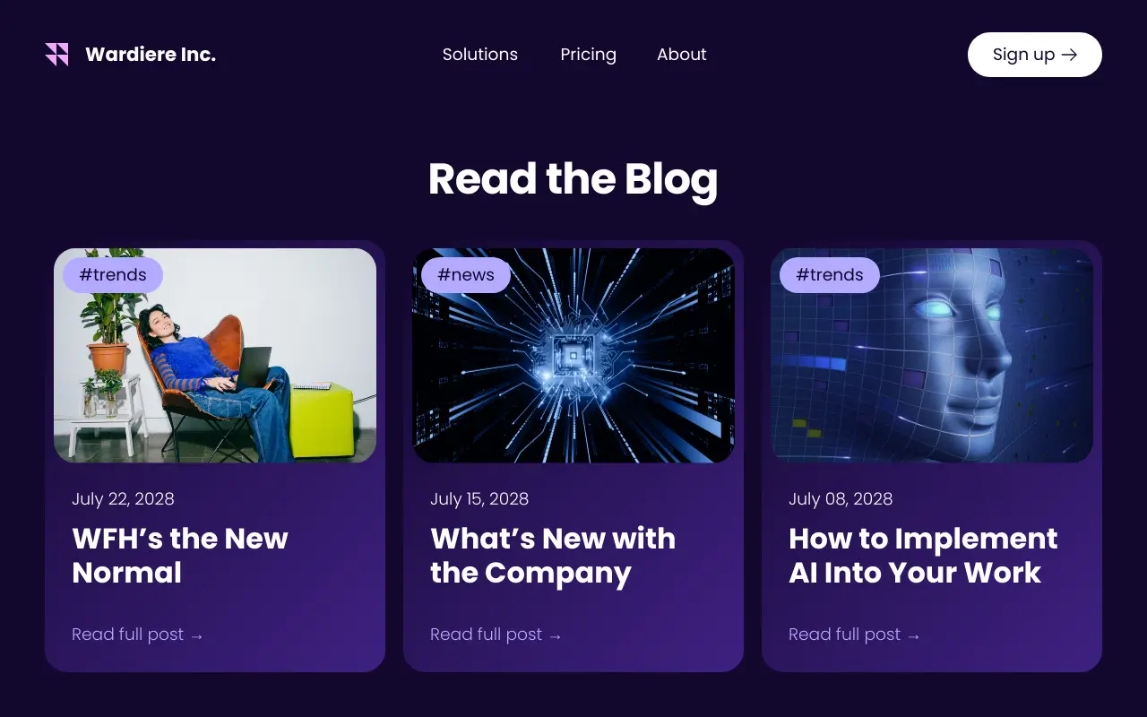 Purple and Blue Modern Blog Page Website UI Desktop Prototype